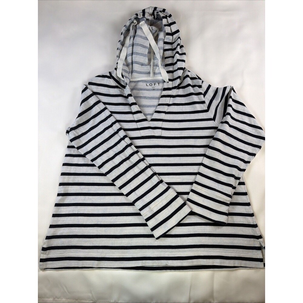 Loft Womens White Blue Stripe Pullover Hooded Sweatshirt Size M Coastal Boho